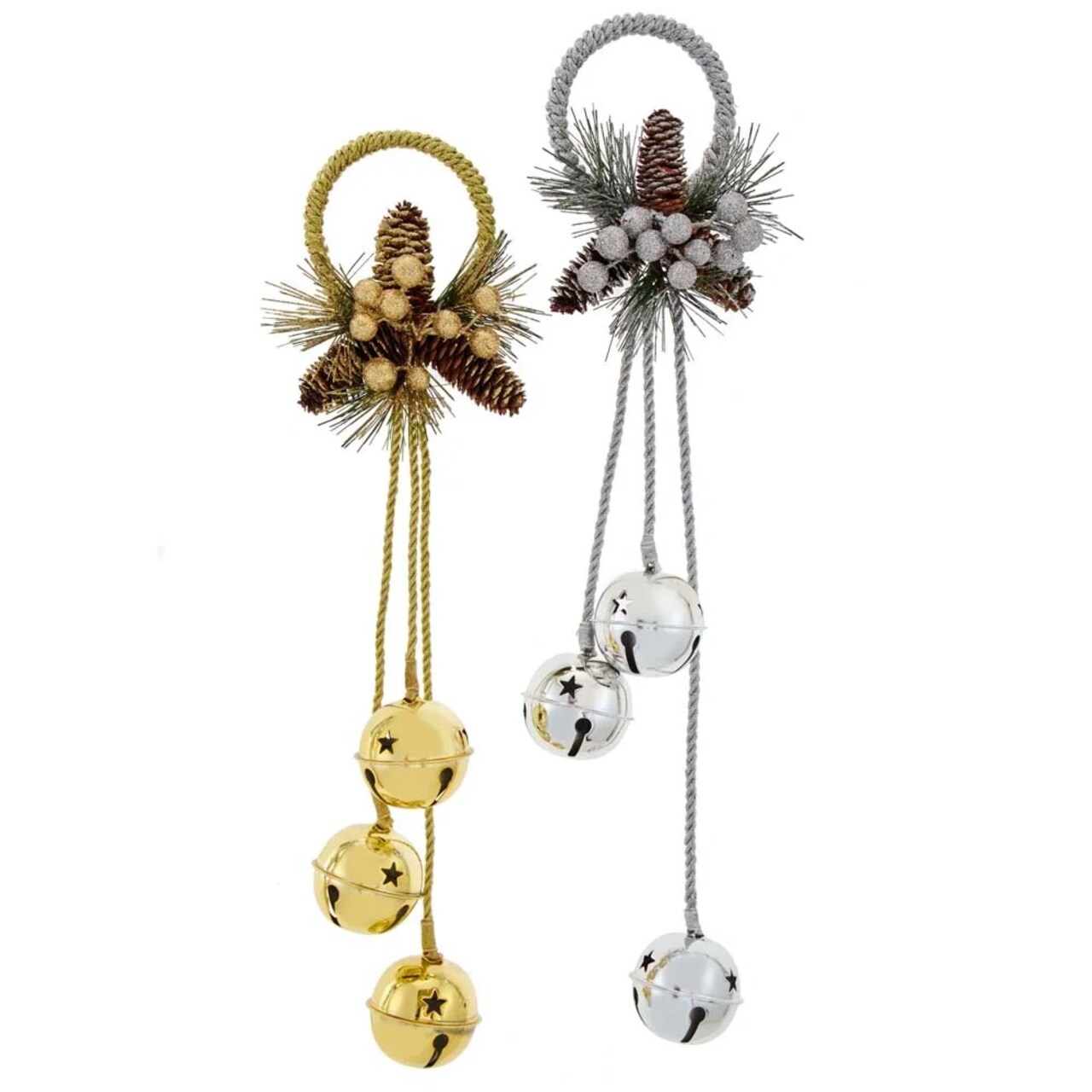 KSA Pack of 12 Gold and Silver Pinecone with Bells Christmas Door Hangers 7"